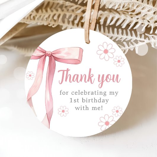 Roze Bow 1e Verjaardagsmeisje Bedankjes Labels