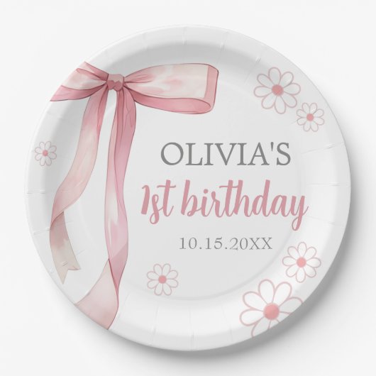 Roze Bow 1e Verjaardagsmeisje Papieren Bordje (Voorkant)