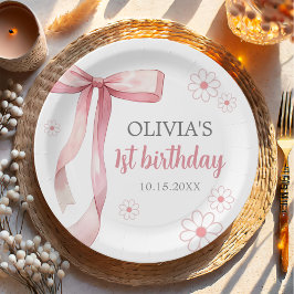 Roze Bow 1e Verjaardagsmeisje Papieren Bordje