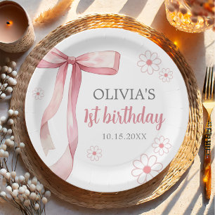 Roze Bow 1e Verjaardagsmeisje Papieren Bordje