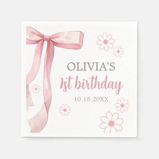Roze Bow 1e Verjaardagsmeisje Servet (Voorkant)