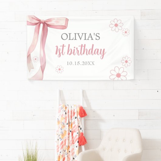 Roze Bow 1e Verjaardagsmeisje Spandoek (Insitu)