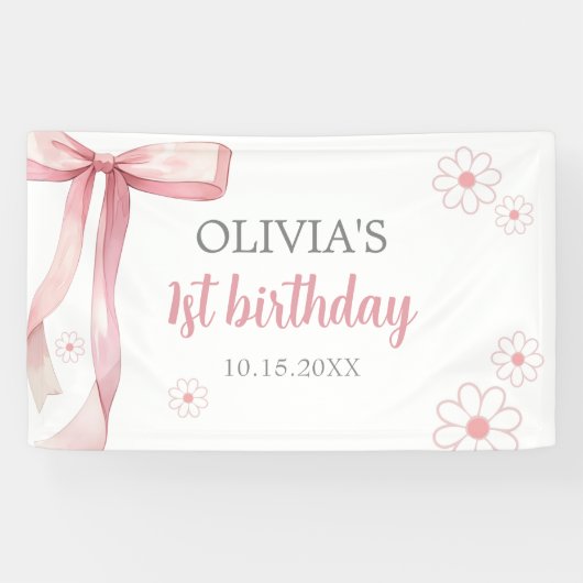 Roze Bow 1e Verjaardagsmeisje Spandoek (Horizontaal)