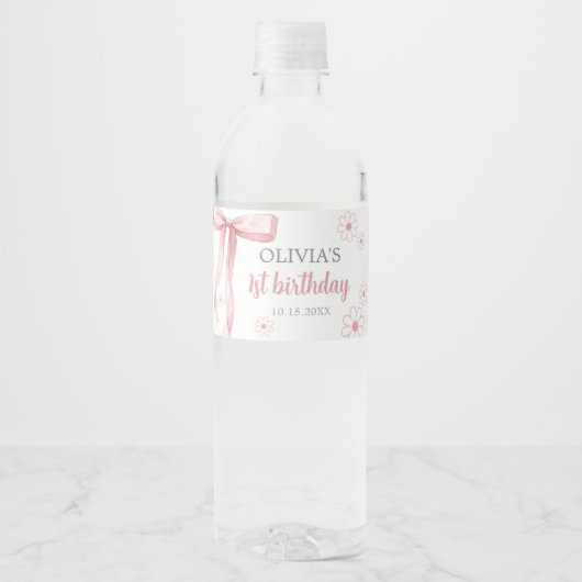 Roze Bow 1e Verjaardagsmeisje Waterfles Etiket (Voorkant)