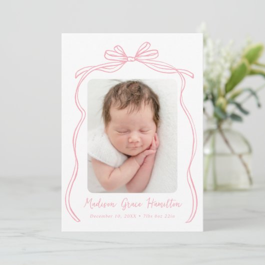 Roze Bow 2 Foto Geboorte Aankondiging (Staand voorkant)