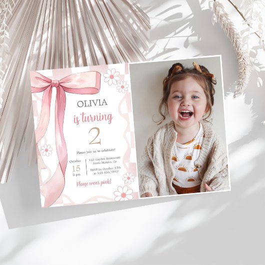 Roze Bow 2e Verjaardag Meisje Foto Kaart