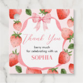 Roze Bow Aardbei Berry Eerste Verjaardag Plein Bedankjes Labels (Voorkant)