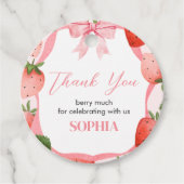 Roze Bow Aardbei Berry Eerste Verjaardag Ronde Bedankjes Labels (Voorkant)