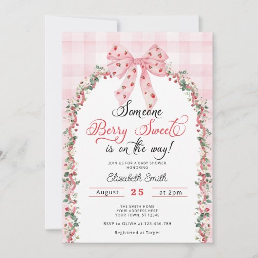 Roze Bow Aardbei Berry Sweet Girl Baby shower Kaart (Voorkant)