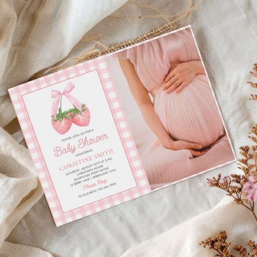 Roze Bow Aardbei Meisje Baby shower Foto Kaart