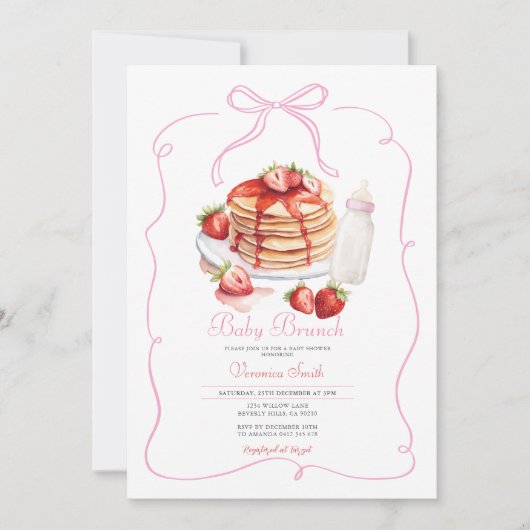 Roze Bow Aardbei Pannenkoek Baby Brunch Kaart (Voorkant)