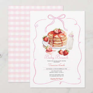 Roze Bow Aardbei Pannenkoek Baby Brunch Kaart