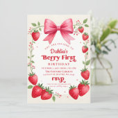 Roze Bow Aardbei Verjaardag Berry Eerste Verjaarda Kaart (Staand voorkant)
