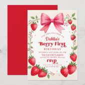 Roze Bow Aardbei Verjaardag Berry Eerste Verjaarda Kaart (Voorkant / Achterkant)