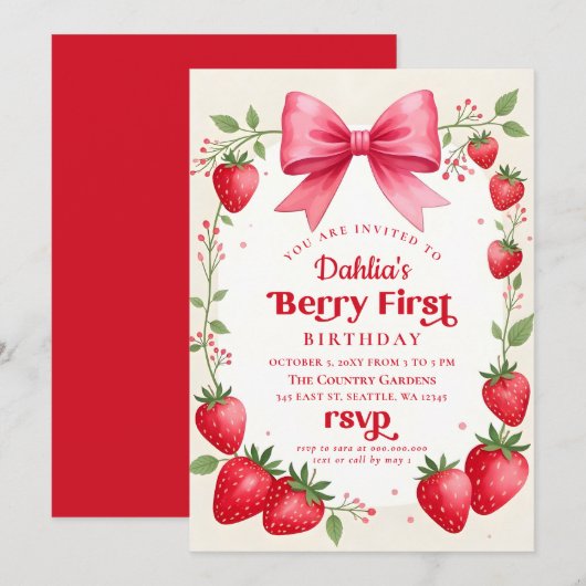Roze Bow Aardbei Verjaardag Berry Eerste Verjaarda Kaart (Voorkant / Achterkant)
