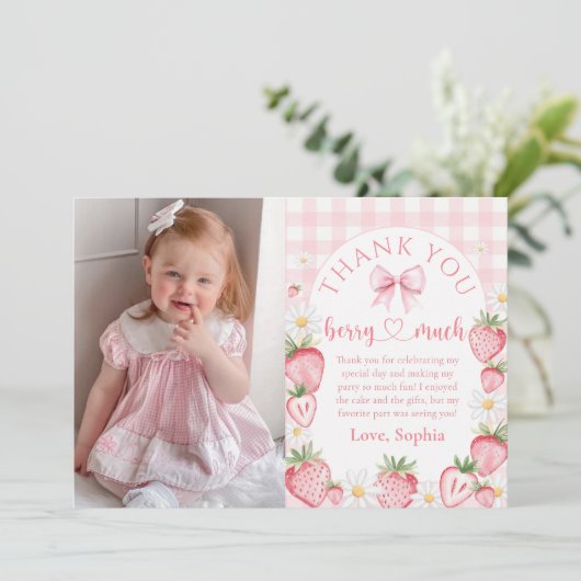 Roze Bow Aardbei Verjaardagsfoto Dank u kaart (Staand voorkant)