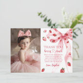 Roze Bow Aardbei Verjaardagsfoto Dank u kaart (Staand voorkant)