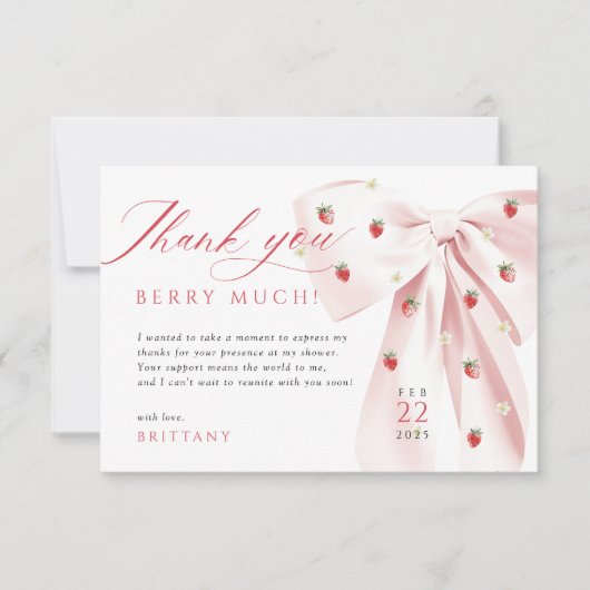 Roze Bow Aardbeien Baby shower Bedankt Card (Voorkant)