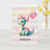 Roze Bow Baby Dinosaurus 1e Verjaardag Kaart (Gele Bloem)