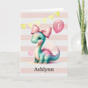 Roze Bow Baby Dinosaurus 1e Verjaardag Kaart