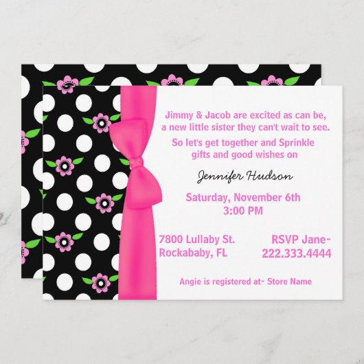 Roze Bow Baby Girl Sprinkle Showuitnodiging Kaart (Voorkant / Achterkant)