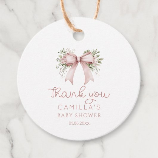 Roze Bow Baby in Bloom Baby shower Bedankjes Labels (Voorkant)