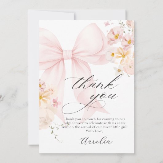Roze Bow Baby in Bloom Baby shower Bedankt Card (Voorkant)