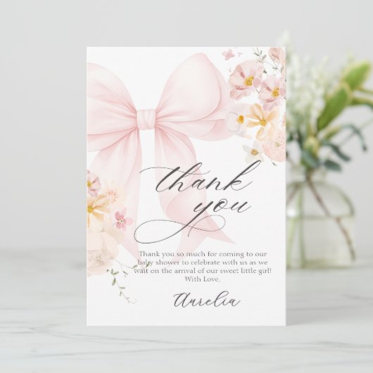 Roze Bow Baby in Bloom Baby shower Bedankt Card (Staand voorkant)