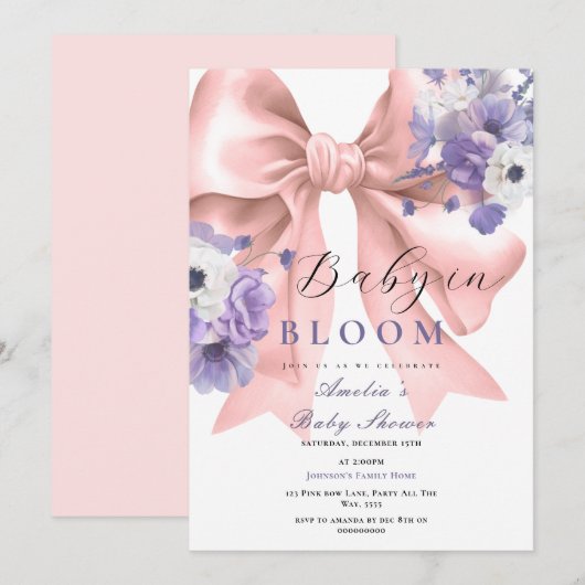 Roze Bow Baby in Bloom Baby shower Paarse Bloemen Kaart (Voorkant / Achterkant)