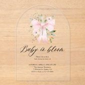 Roze Bow Baby in Bloom Bloemen Meisje Baby shower Acryl Uitnodigingen (Voorkant)