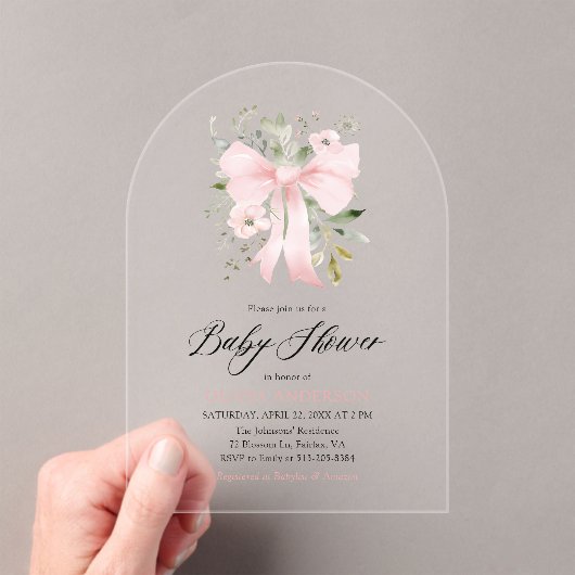 Roze Bow Baby in Bloom Bloemen Meisje Baby shower Acryl Uitnodigingen (Insitu (Draagbaar))