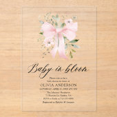 Roze Bow Baby in Bloom Bloemen Meisje Baby shower Acryl Uitnodigingen (Voorkant)