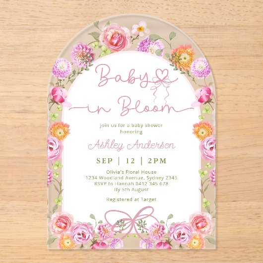 Roze Bow Baby in Bloom Bloemen Meisje Baby shower Acryl Uitnodigingen (Voorkant)
