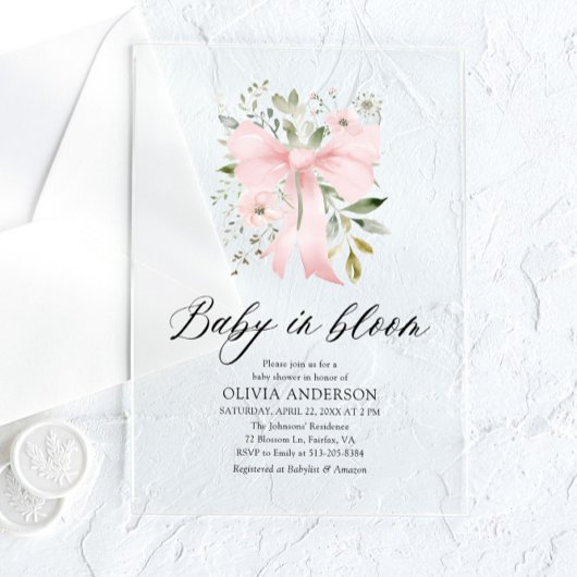 Roze Bow Baby in Bloom Bloemen Meisje Baby shower Acryl Uitnodigingen