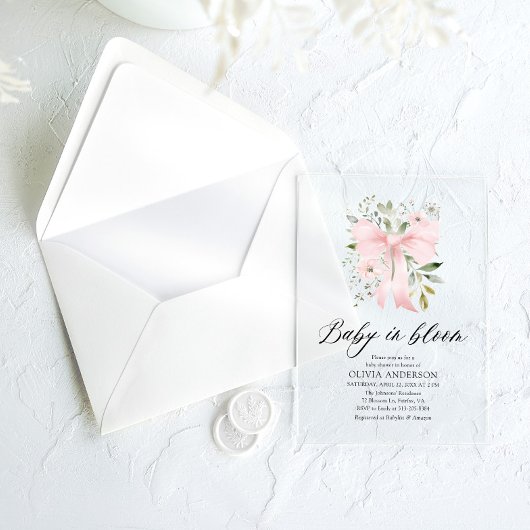 Roze Bow Baby in Bloom Bloemen Meisje Baby shower Acryl Uitnodigingen