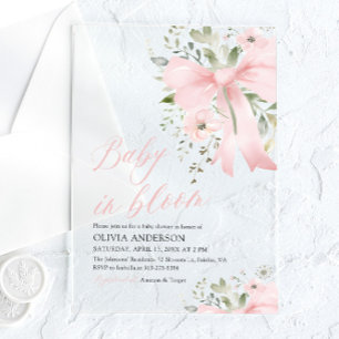Roze Bow Baby in Bloom Bloemen Meisje Baby shower Acryl Uitnodigingen
