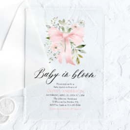 Roze Bow Baby in Bloom Bloemen Meisje Baby shower Acryl Uitnodigingen