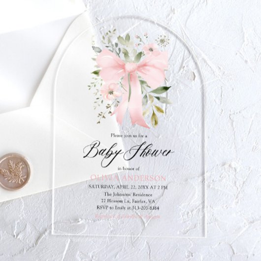 Roze Bow Baby in Bloom Bloemen Meisje Baby shower Acryl Uitnodigingen