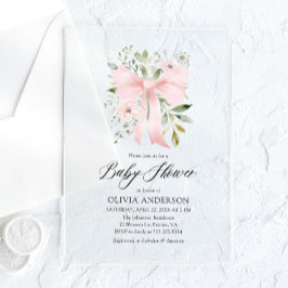 Roze Bow Baby in Bloom Bloemen Meisje Baby shower Acryl Uitnodigingen