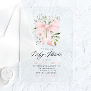 Roze Bow Baby in Bloom Bloemen Meisje Baby shower Acryl Uitnodigingen