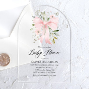 Roze Bow Baby in Bloom Bloemen Meisje Baby shower Acryl Uitnodigingen