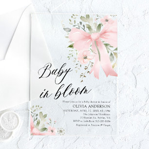 Roze Bow Baby in Bloom Bloemen Meisje Baby shower Acryl Uitnodigingen