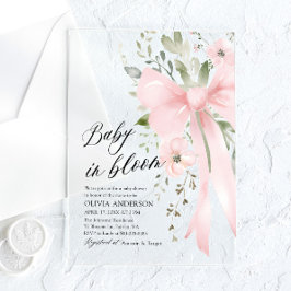 Roze Bow Baby in Bloom Bloemen Meisje Baby shower Acryl Uitnodigingen