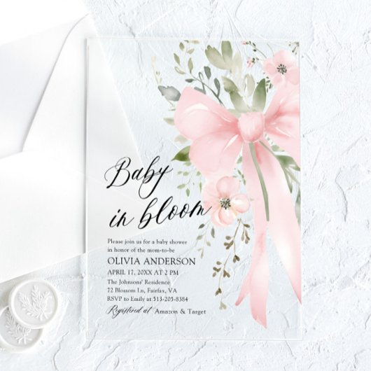 Roze Bow Baby in Bloom Bloemen Meisje Baby shower Acryl Uitnodigingen