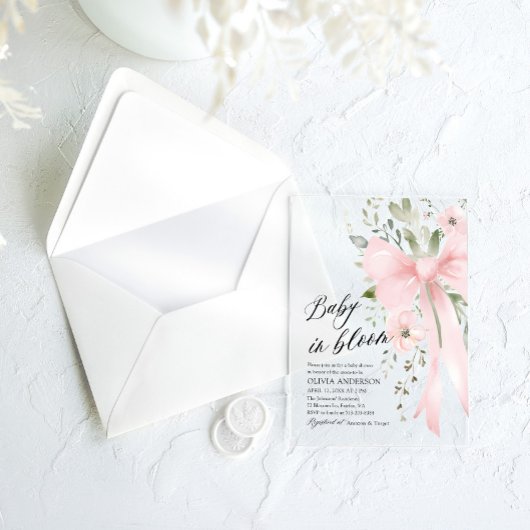 Roze Bow Baby in Bloom Bloemen Meisje Baby shower Acryl Uitnodigingen