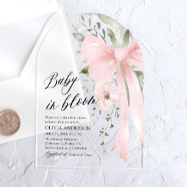Roze Bow Baby in Bloom Bloemen Meisje Baby shower Acryl Uitnodigingen