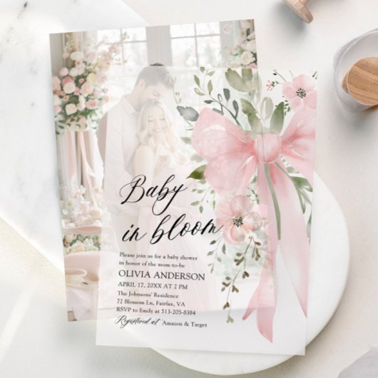 Roze Bow Baby in Bloom Bloemen Meisje Baby shower Vellum Uitnodigingen