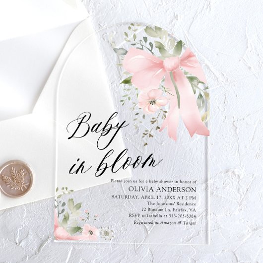 Roze Bow Baby in Bloom Floral Baby shower Arch Acryl Uitnodigingen