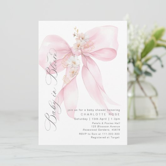 Roze Bow Baby in Bloom Floral Baby shower Kaart (Staand voorkant)