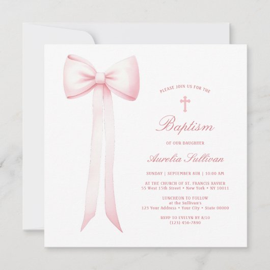 Roze Bow Baby Meisje Doop Kaart (Voorkant)